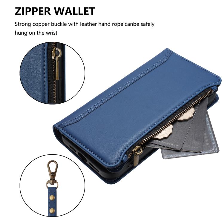 Funda de cuero con cierre magnético para TCL 605/60 SE, 9 ranuras para tarjetas, cremallera y correa de mano (azul oscuro)