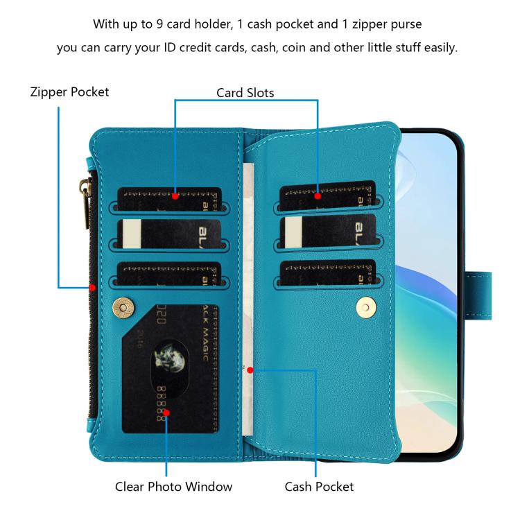 Funda de cuero con cierre magnético para TCL 605/60 SE, 9 ranuras para tarjetas, cremallera y correa de mano (turquesa)