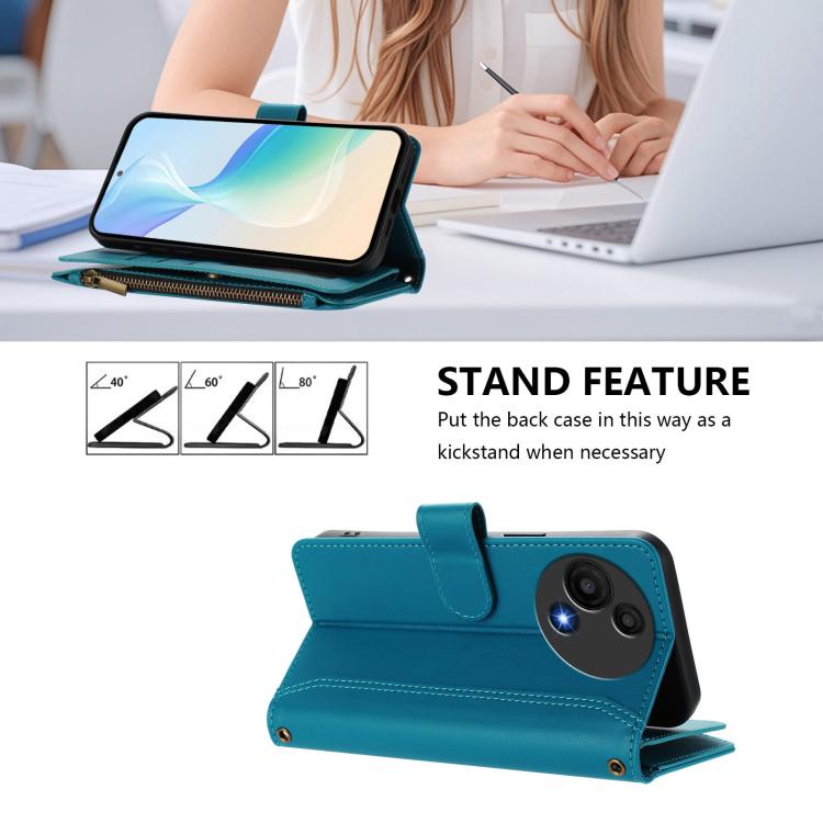 Funda de cuero con cierre magnético para TCL 605/60 SE, 9 ranuras para tarjetas, cremallera y correa de mano (turquesa)