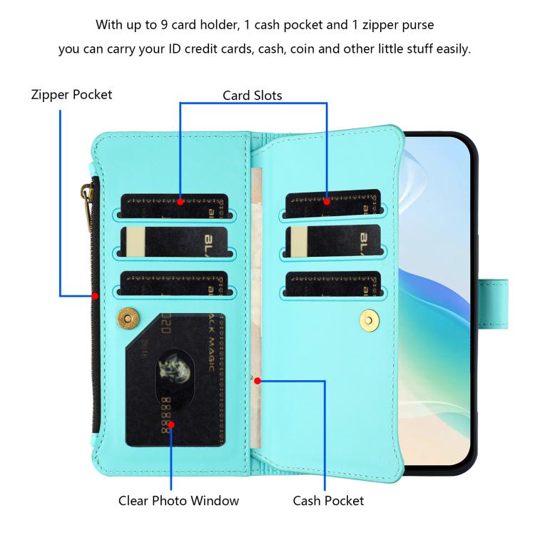 Funda de cuero con cierre magnético para TCL 605/60 SE, 9 ranuras para tarjetas, cremallera y correa de mano (verde menta)