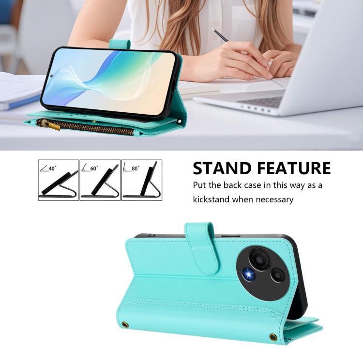 Funda de cuero con cierre magnético para TCL 605/60 SE, 9 ranuras para tarjetas, cremallera y correa de mano (verde menta)