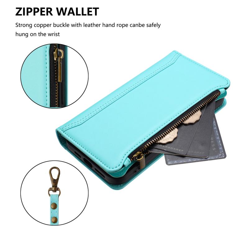 Funda de cuero con cierre magnético para TCL 605/60 SE, 9 ranuras para tarjetas, cremallera y correa de mano (verde menta)