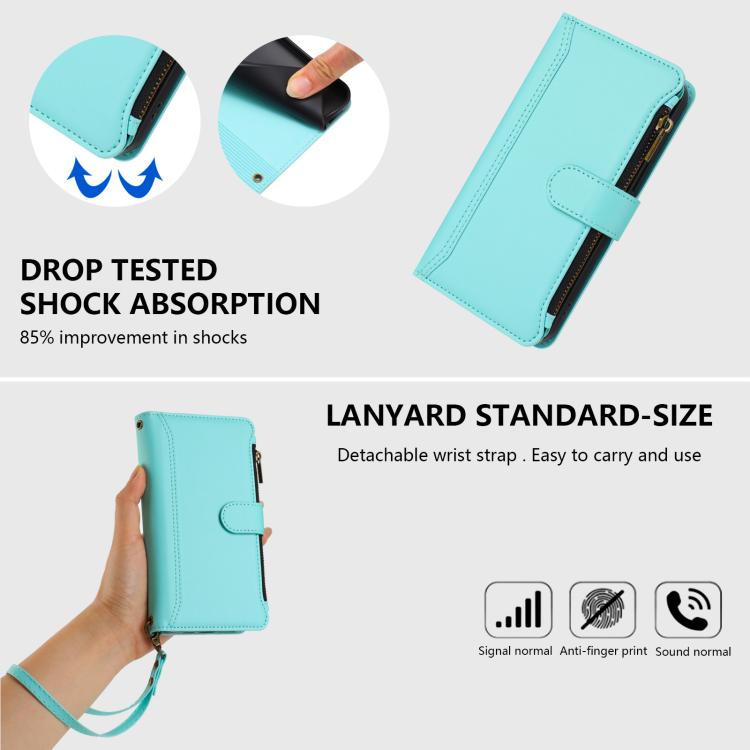 Funda de cuero con cierre magnético para TCL 605/60 SE, 9 ranuras para tarjetas, cremallera y correa de mano (verde menta)