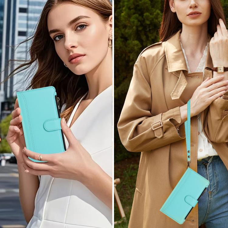 Funda de cuero con cierre magnético para TCL 605/60 SE, 9 ranuras para tarjetas, cremallera y correa de mano (verde menta)