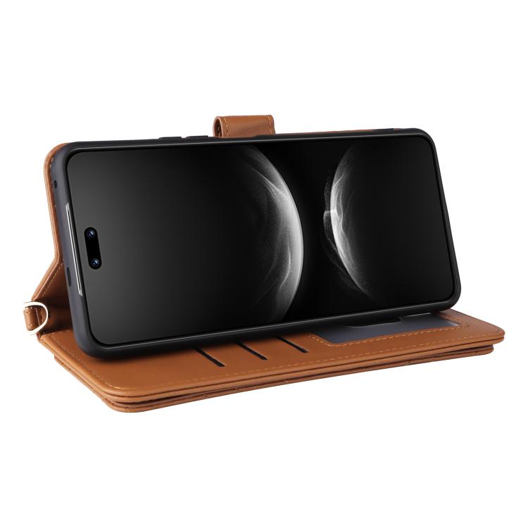 Funda de cuero multifuncional para Huawei Nova 14 Pro 5G con 6 ranuras para tarjetas y correa para la muñeca (marrón)
