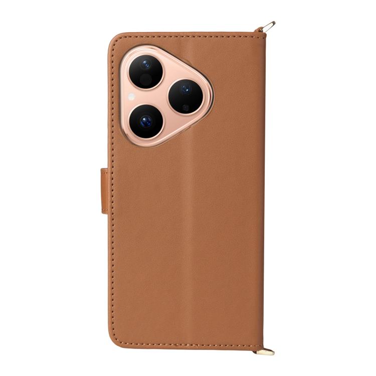 Funda de cuero multifuncional para Huawei Pura 80 5G con 6 ranuras para tarjetas y correa para la muñeca (marrón)