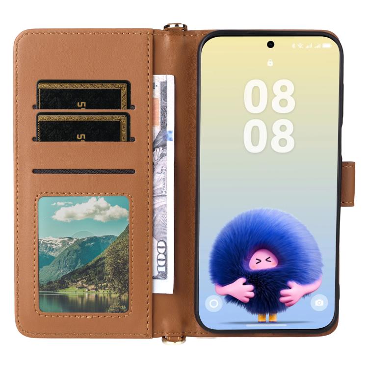 Funda de cuero multifuncional para Huawei Pura 80 5G con 6 ranuras para tarjetas y correa para la muñeca (marrón)