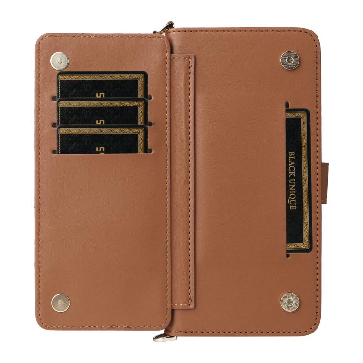 Funda de cuero multifuncional para Huawei Pura 80 5G con 6 ranuras para tarjetas y correa para la muñeca (marrón)