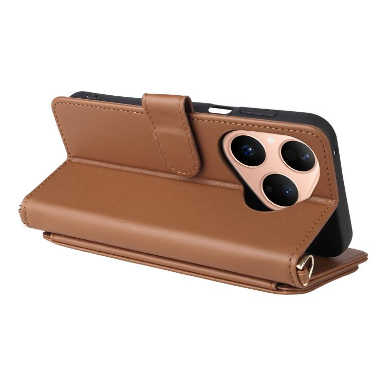 Funda de cuero multifuncional para Huawei Pura 80 5G con 6 ranuras para tarjetas y correa para la muñeca (marrón)