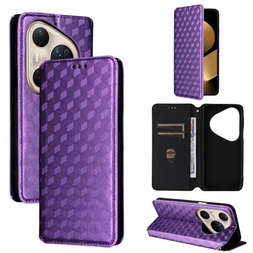 Funda de cuero con tapa y textura de cuadrícula cúbica para Huawei Pura 80 Ultra 5G (morado)