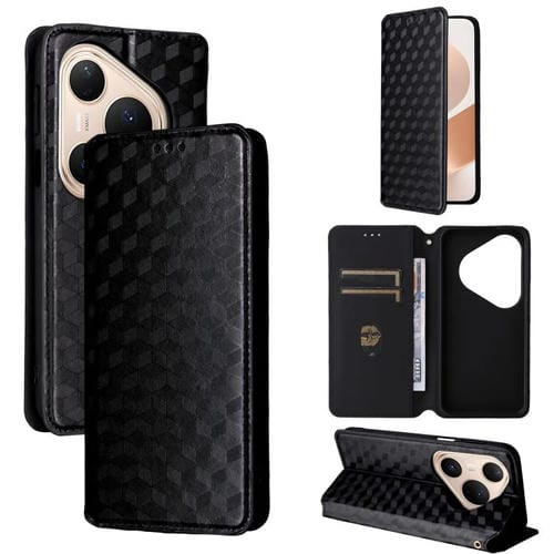 Funda de cuero con tapa y textura de cuadrícula cúbica para Huawei Pura 80 Pro 5G / 80 Pro+ 5G (negra)