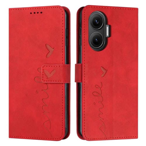 Funda de piel con relieve de corazón para Xiaomi Poco F7 con cordón largo (roja)