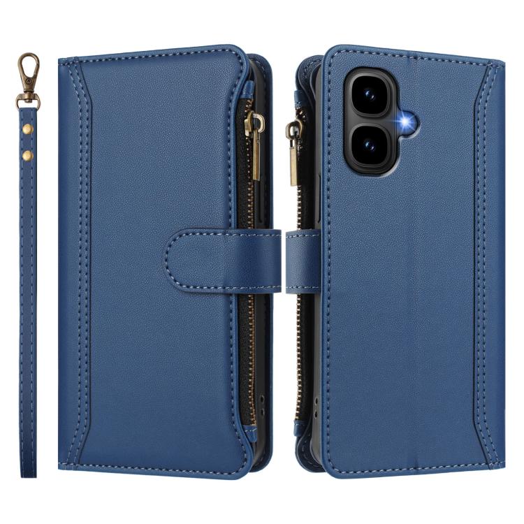 Funda de cuero con cierre magnético para Infinix Smart 10 4G / Tecno Pop 10, 9 ranuras para tarjetas, cremallera y correa de mano (azul oscuro)