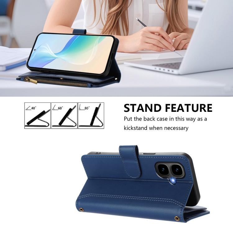 Funda de cuero con cierre magnético para Infinix Smart 10 4G / Tecno Pop 10, 9 ranuras para tarjetas, cremallera y correa de mano (azul oscuro)