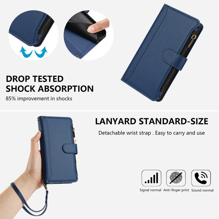 Funda de cuero con cierre magnético para Infinix Smart 10 4G / Tecno Pop 10, 9 ranuras para tarjetas, cremallera y correa de mano (azul oscuro)