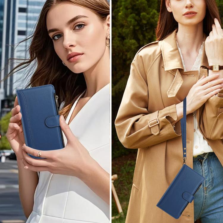 Funda de cuero con cierre magnético para Infinix Smart 10 4G / Tecno Pop 10, 9 ranuras para tarjetas, cremallera y correa de mano (azul oscuro)