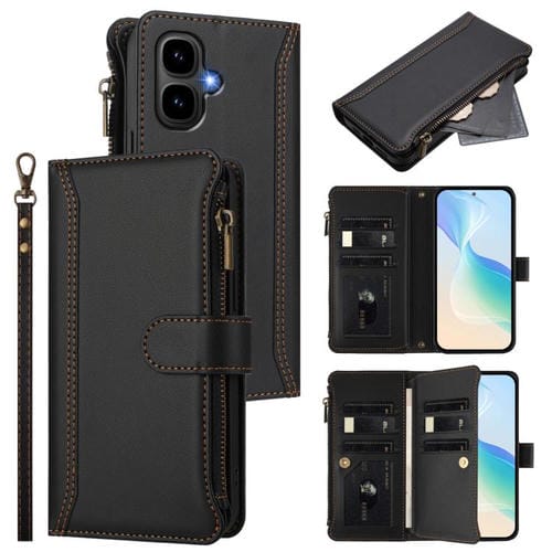 Funda de cuero con cierre magnético, 9 ranuras para tarjetas, cremallera y correa de mano para Infinix Smart 10 4G / Tecno Pop 10 (negro)
