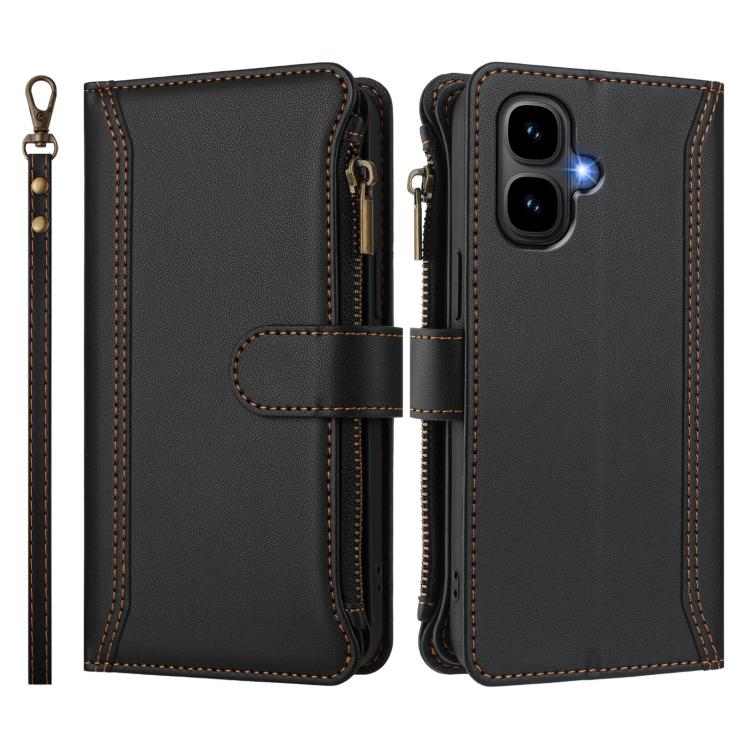 Funda de cuero con cierre magnético, 9 ranuras para tarjetas, cremallera y correa de mano para Infinix Smart 10 4G / Tecno Pop 10 (negro)