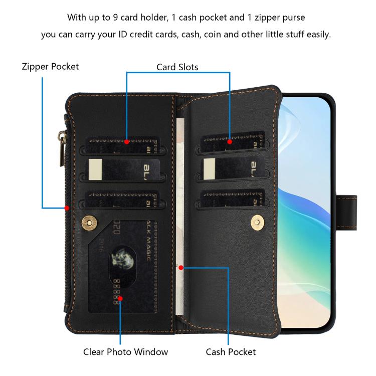 Funda de cuero con cierre magnético, 9 ranuras para tarjetas, cremallera y correa de mano para Infinix Smart 10 4G / Tecno Pop 10 (negro)