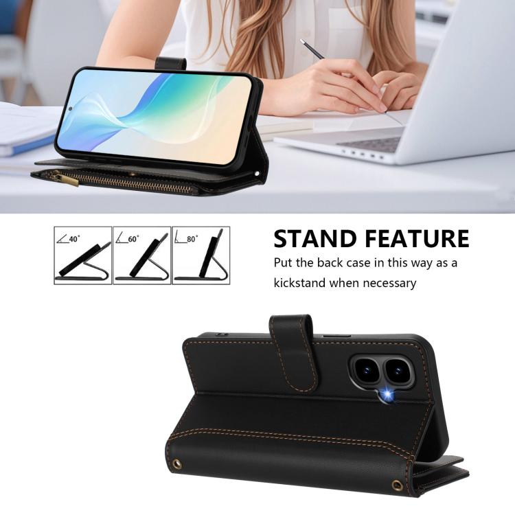 Funda de cuero con cierre magnético, 9 ranuras para tarjetas, cremallera y correa de mano para Infinix Smart 10 4G / Tecno Pop 10 (negro)