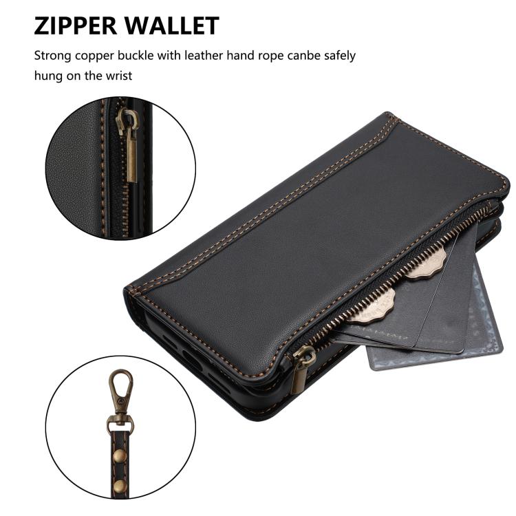 Funda de cuero con cierre magnético, 9 ranuras para tarjetas, cremallera y correa de mano para Infinix Smart 10 4G / Tecno Pop 10 (negro)