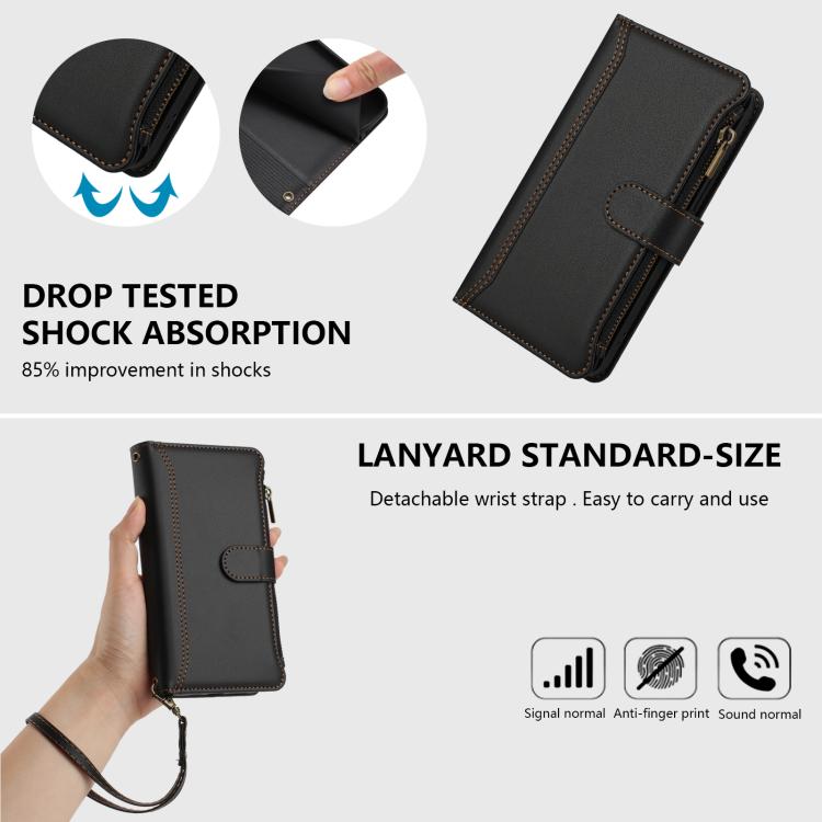 Funda de cuero con cierre magnético, 9 ranuras para tarjetas, cremallera y correa de mano para Infinix Smart 10 4G / Tecno Pop 10 (negro)
