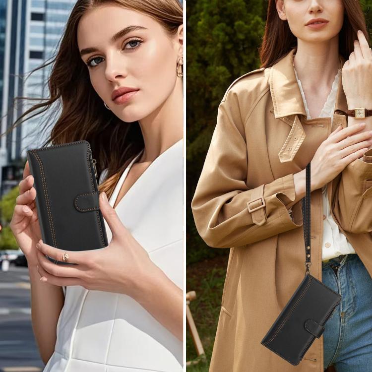 Funda de cuero con cierre magnético, 9 ranuras para tarjetas, cremallera y correa de mano para Infinix Smart 10 4G / Tecno Pop 10 (negro)