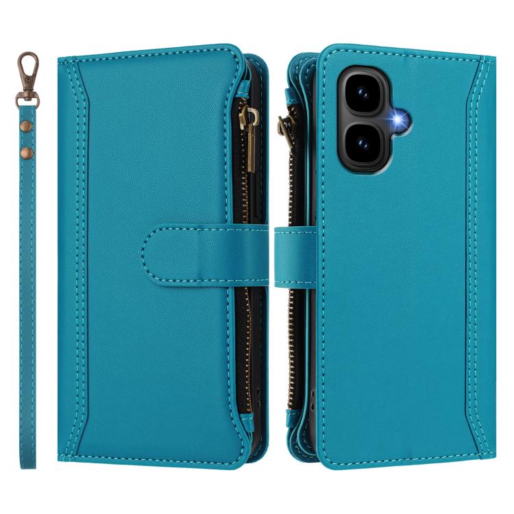 Funda de cuero con cierre magnético, 9 ranuras para tarjetas, cremallera y correa de mano para Infinix Smart 10 4G / Tecno Pop 10 (turquesa)