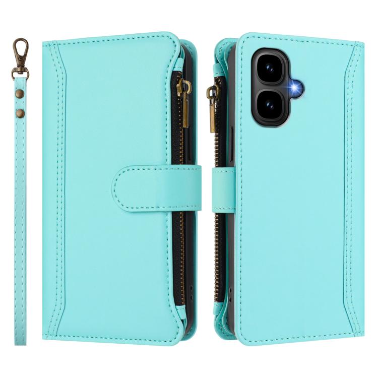 Funda de cuero con cierre magnético, 9 ranuras para tarjetas, cremallera y correa de mano para Infinix Smart 10 4G / Tecno Pop 10 (verde menta)