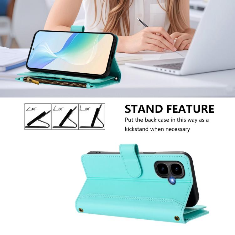 Funda de cuero con cierre magnético, 9 ranuras para tarjetas, cremallera y correa de mano para Infinix Smart 10 4G / Tecno Pop 10 (verde menta)