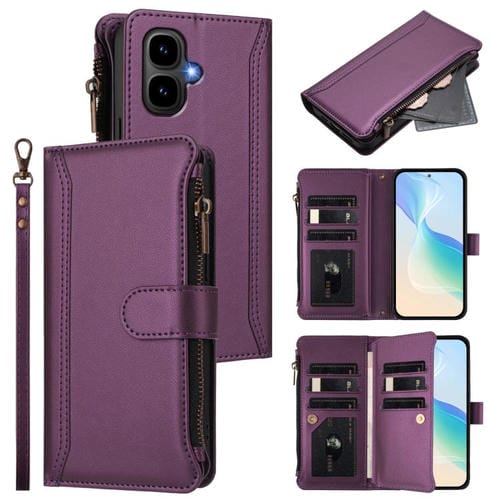 Funda de cuero con cierre magnético, 9 ranuras para tarjetas, cremallera y correa de mano para Infinix Smart 10 4G / Tecno Pop 10 (morado)