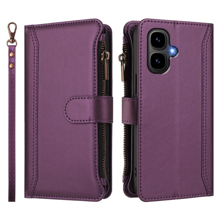 Funda de cuero con cierre magnético, 9 ranuras para tarjetas, cremallera y correa de mano para Infinix Smart 10 4G / Tecno Pop 10 (morado)