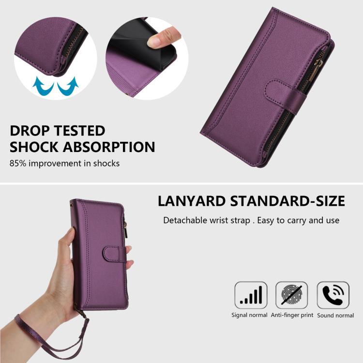 Funda de cuero con cierre magnético, 9 ranuras para tarjetas, cremallera y correa de mano para Infinix Smart 10 4G / Tecno Pop 10 (morado)