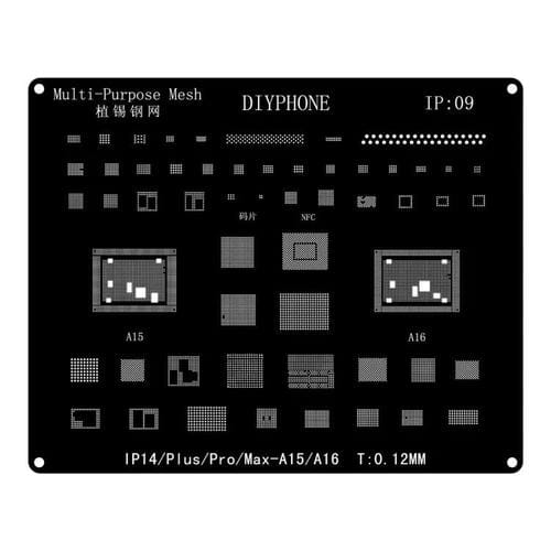Modelo de Reballing BGA Apple iPhone 14 e 14 Pro Max com Posicionamento Preciso e Corte a Laser de Precisão