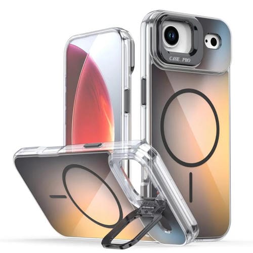 For iPhone 17 Air Gradient Discolor Lens Kickstand Magsafe Phone Case(Black)