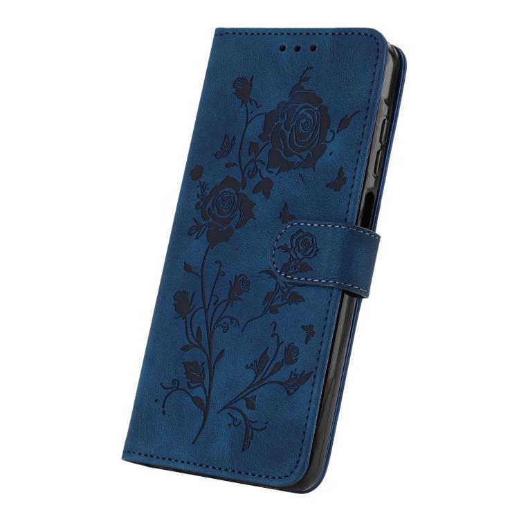 Funda de cuero con estampado floral en relieve para Samsung Galaxy A03 Core (azul oscuro)
