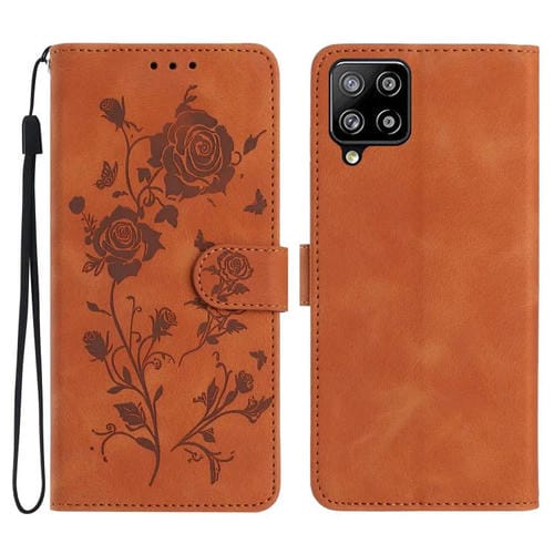 Funda de cuero con estampado de rosas en relieve para Samsung Galaxy A12 (marrón)