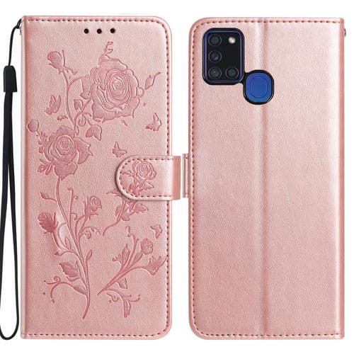 Funda de piel con estampado floral en relieve para Samsung Galaxy A21S (oro rosa)