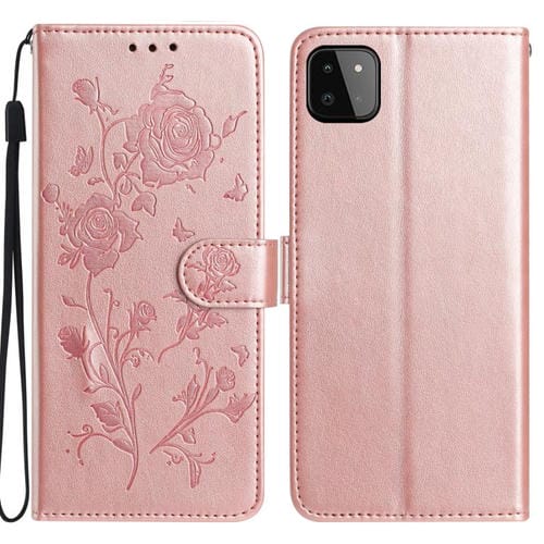 Funda de piel con estampado floral en relieve para Samsung Galaxy A22 5G (oro rosa)