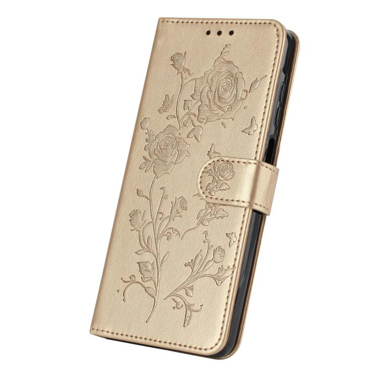 Funda de piel con estampado de rosas en relieve para Samsung Galaxy A24 (dorada)