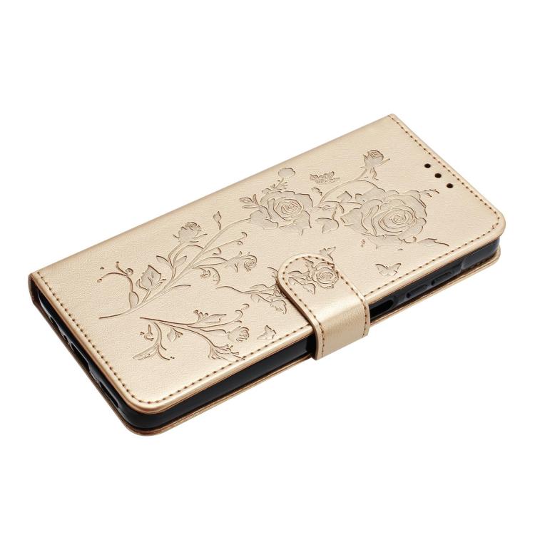 Funda de cuero con estampado de rosas en relieve para Samsung Galaxy A35 (dorada)