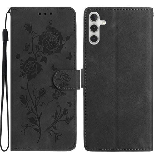 Funda de cuero con estampado de rosas en relieve para Samsung Galaxy A35 (negra)