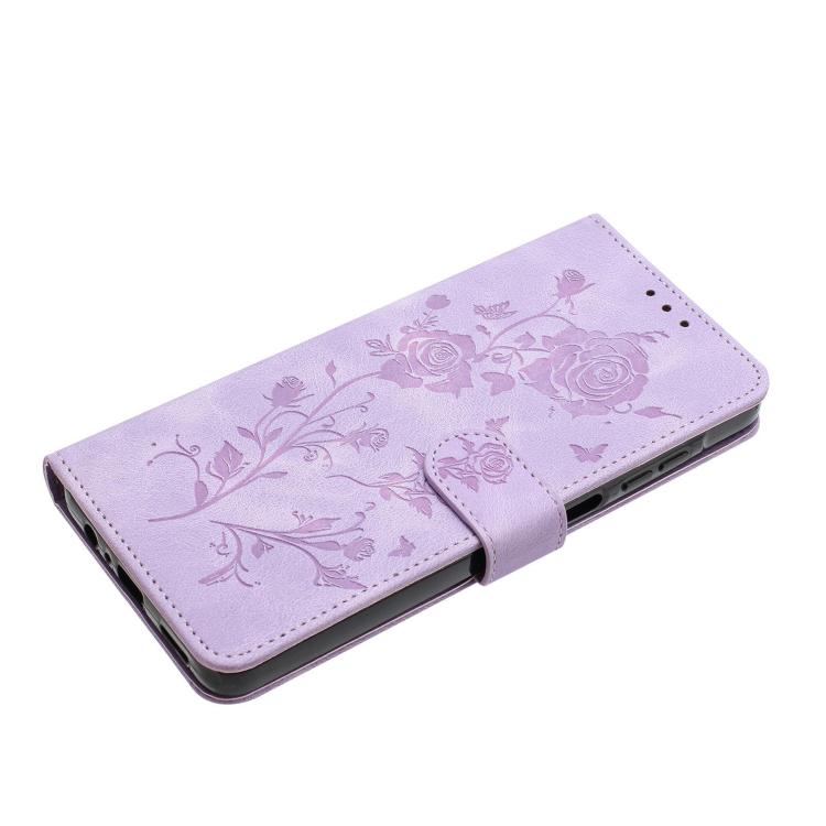 Funda de cuero con estampado de rosas en relieve para Samsung Galaxy A35 (morado claro)