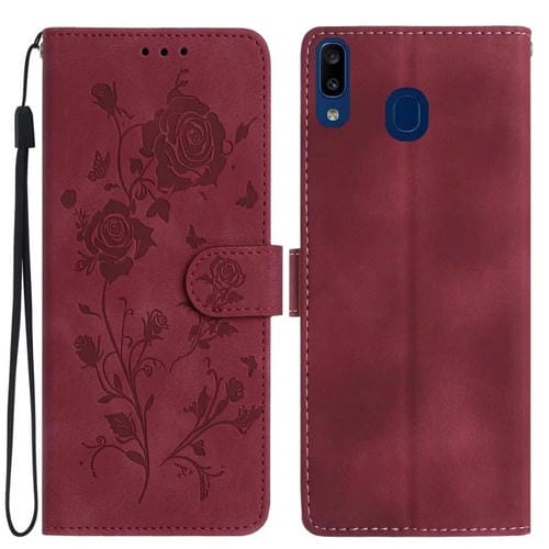 Funda de cuero con estampado de rosas en relieve para Samsung Galaxy A40 (roja)