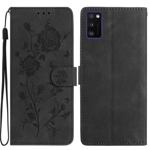 Funda de cuero con estampado de rosas en relieve para Samsung Galaxy A41 (negra)