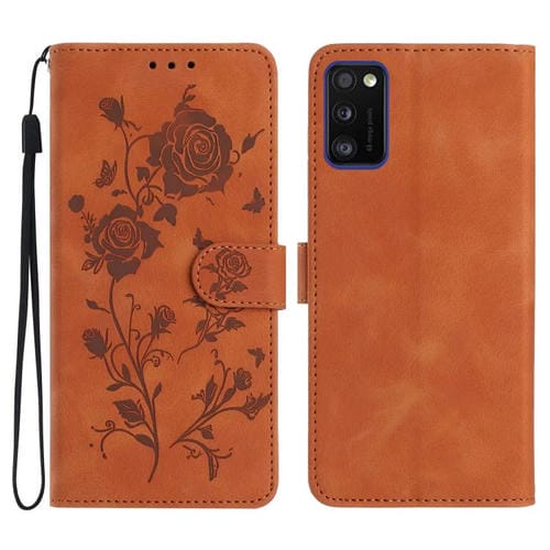 Funda de piel con estampado de rosas en relieve para Samsung Galaxy A41 (marrón)