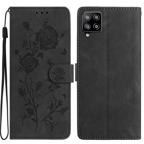 Funda de cuero con estampado de rosas en relieve para Samsung Galaxy A42 (negra)
