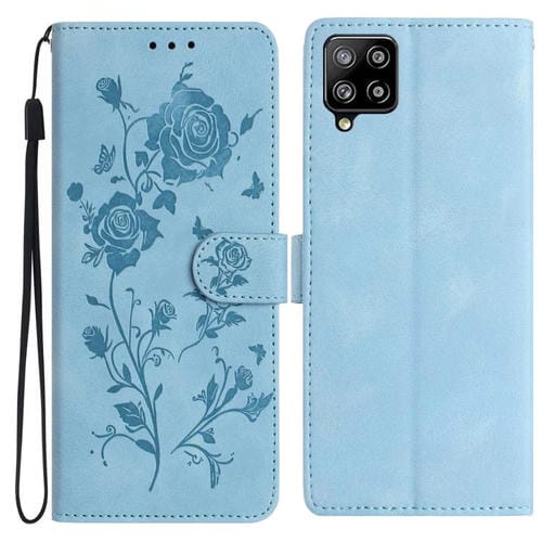 Funda de piel con estampado floral en relieve para Samsung Galaxy A42 (azul cielo)