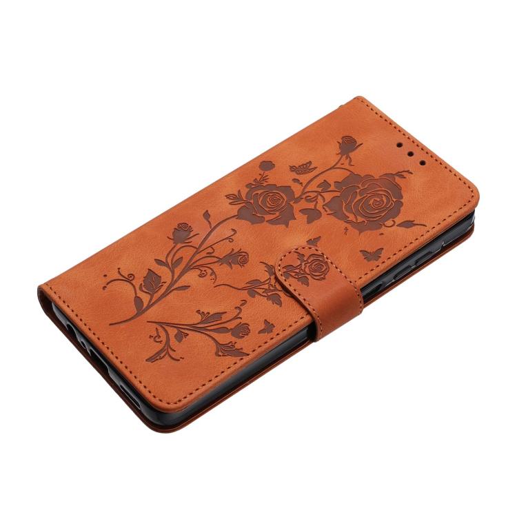 Funda de piel con estampado de rosas en relieve para Samsung Galaxy A52 (marrón)