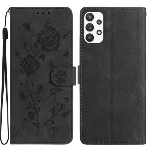Funda de cuero con estampado de rosas en relieve para Samsung Galaxy A72 (negra)